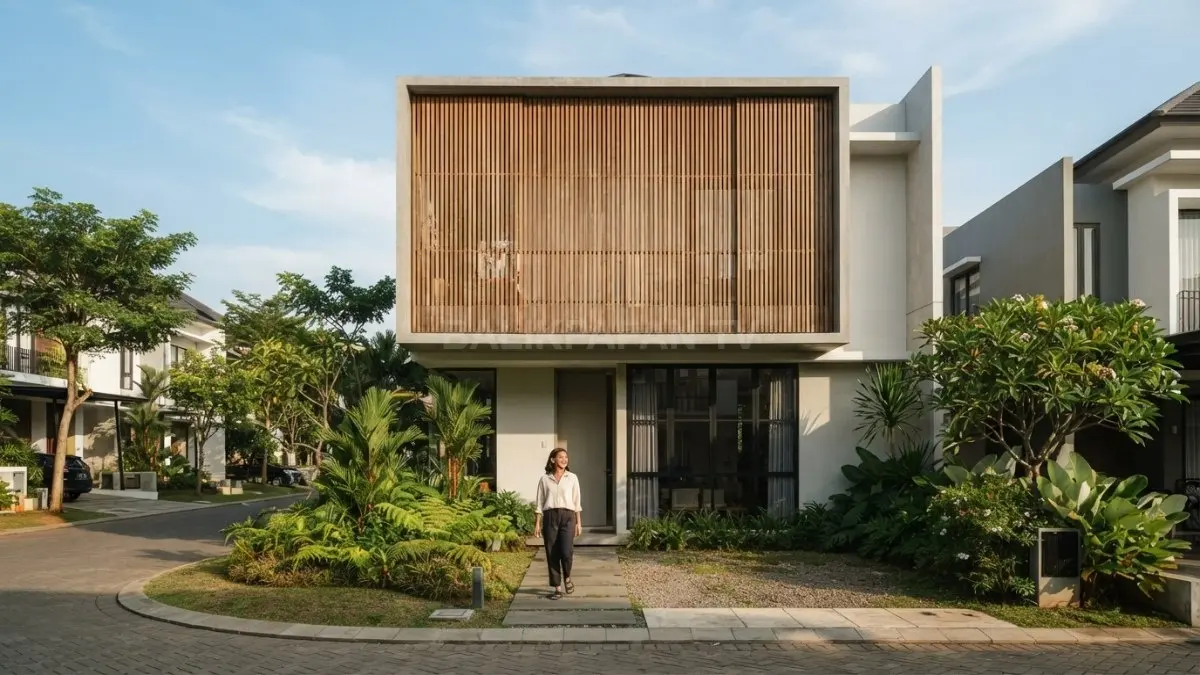 Veil House modern menggunakan kisi kayu untuk menciptakan pencahayaan alami yang nyaman sepanjang hari. (BTV/AI)