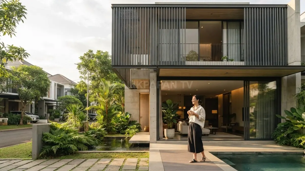 Veil house modern minimalis menghadirkan privasi tinggi dengan fasad berlapis dan cahaya alami optimal. (BTV/AI)