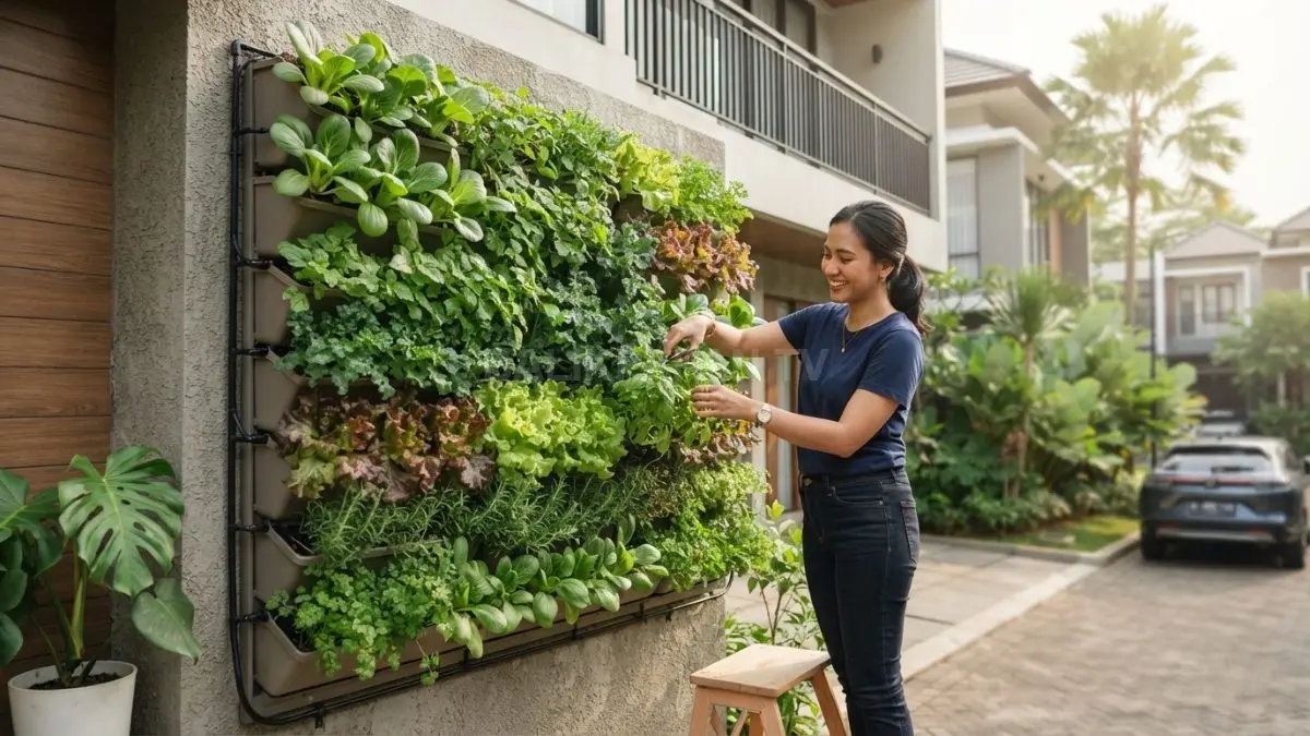 Vertical garden menghadirkan sayuran hijau dan tanaman herbal rapi, mempercantik dinding rumah modern alami (BTV/AI)