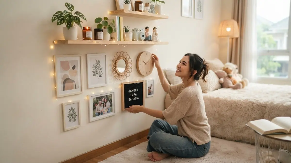 Wall decor dan floating shelf menghadirkan karakter personal sekaligus menjaga kamar tetap rapi serta estetik. (BTV/AI)