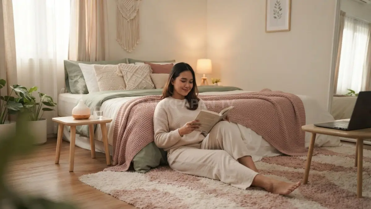 Warna lembut dan pencahayaan hangat menciptakan kamar soft yang nyaman untuk relaksasi serta aktivitas harian. (BTV/AI)