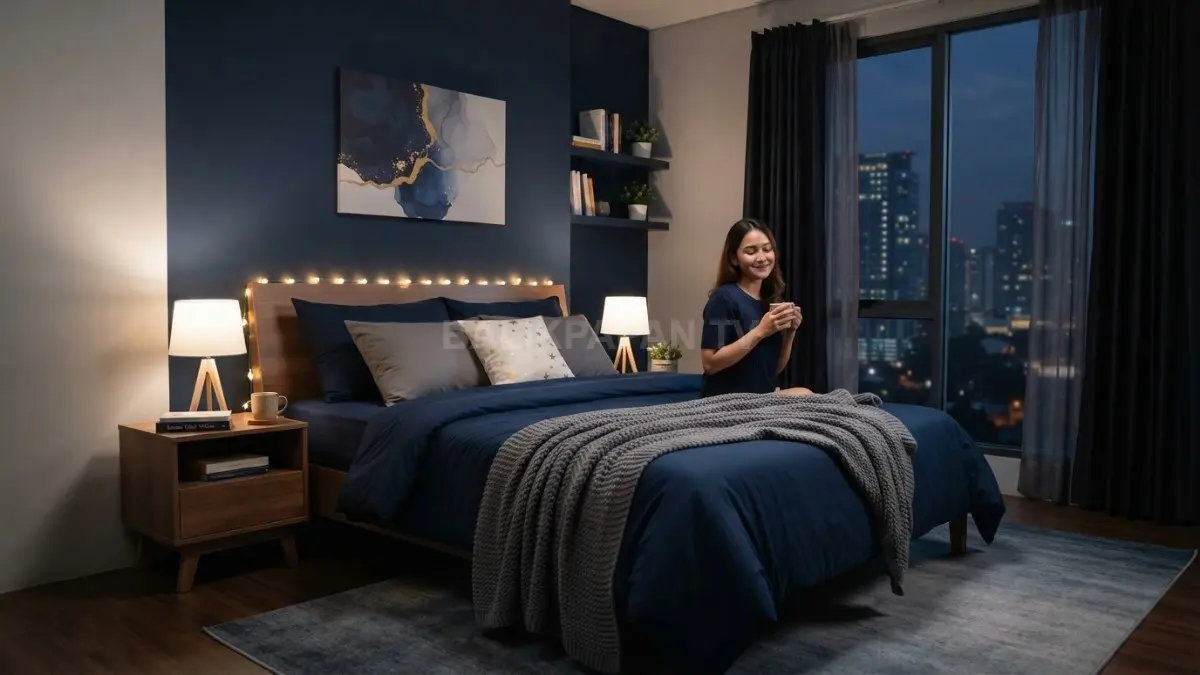 Warna midnight blue dan navy menciptakan suasana kamar tenang, elegan, nyaman untuk beristirahat setiap malam. (BTV/AI)