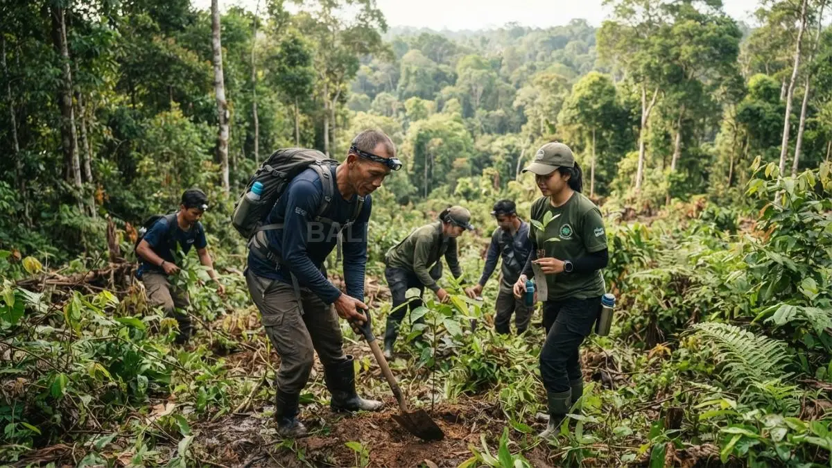 Aktivitas masyarakat adat di kawasan hutan Kalimantan Timur dengan latar pepohonan tropis. (BTV/AI)