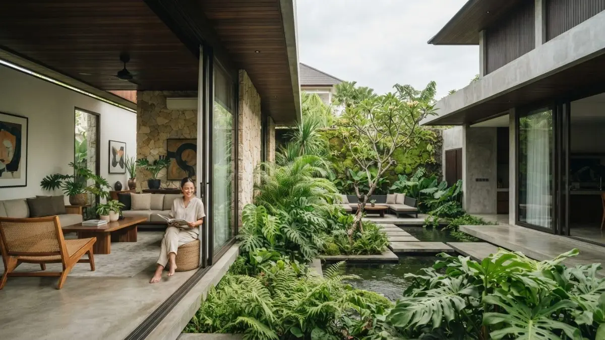 Courtyard menghadirkan pencahayaan alami, sirkulasi udara optimal, serta nuansa resort mewah pada rumah tropis elegan sepanjang tahun. (BTV/AI)