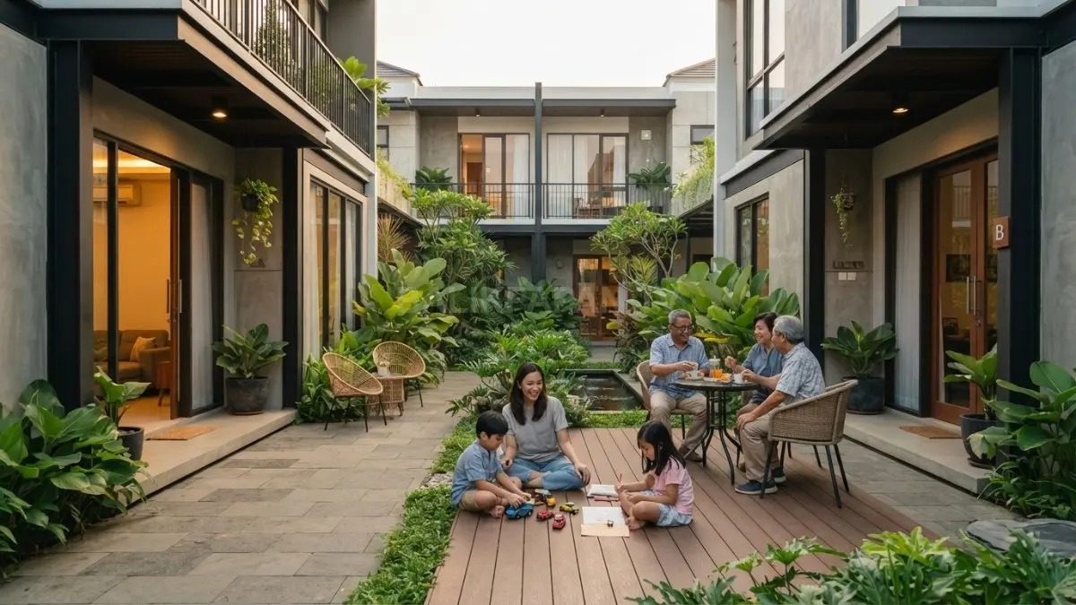 Courtyard menjadi ruang bersama pada konsep two house one roof dengan privasi unit tetap terjaga. (BTV/AI)