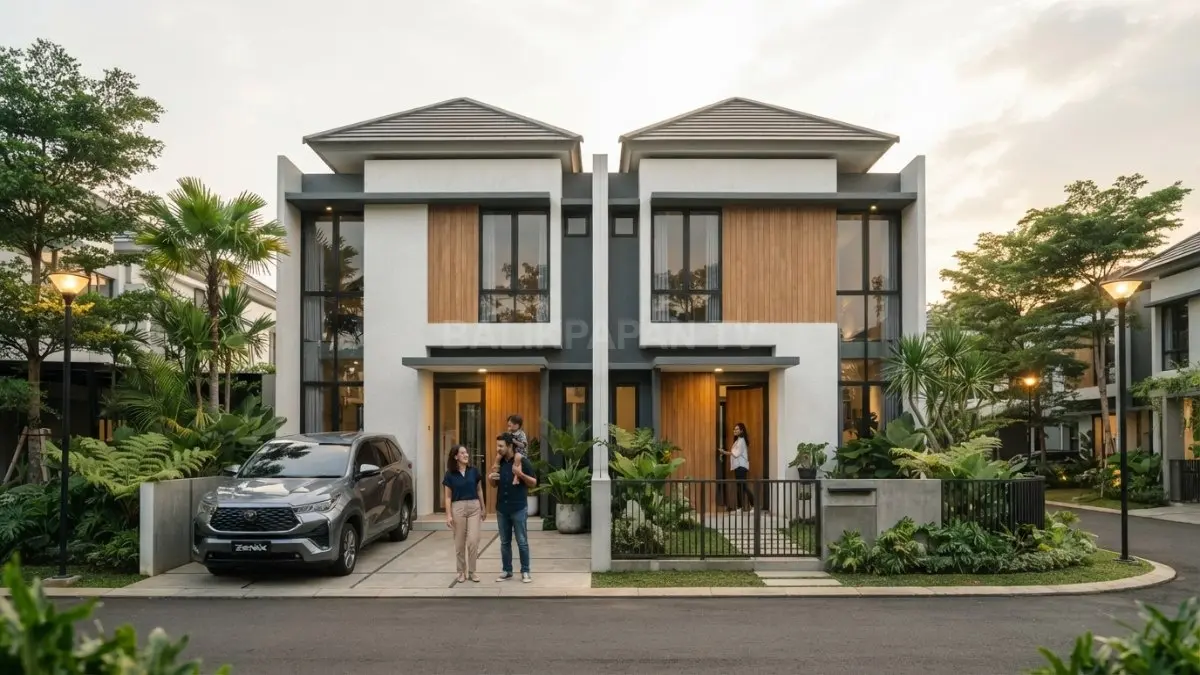 Desain two house one roof minimalis simetris menghadirkan hunian modern dengan fasad elegan dan efisien. (BTV/AI)