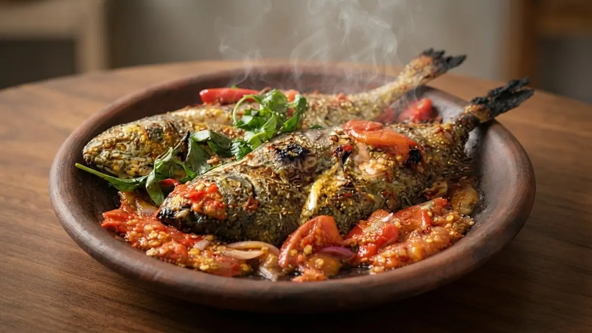 Gami Bawis disajikan di atas cobek tanah liat yang masih mengepul dengan sambal merah khas. (BTV/Ai)