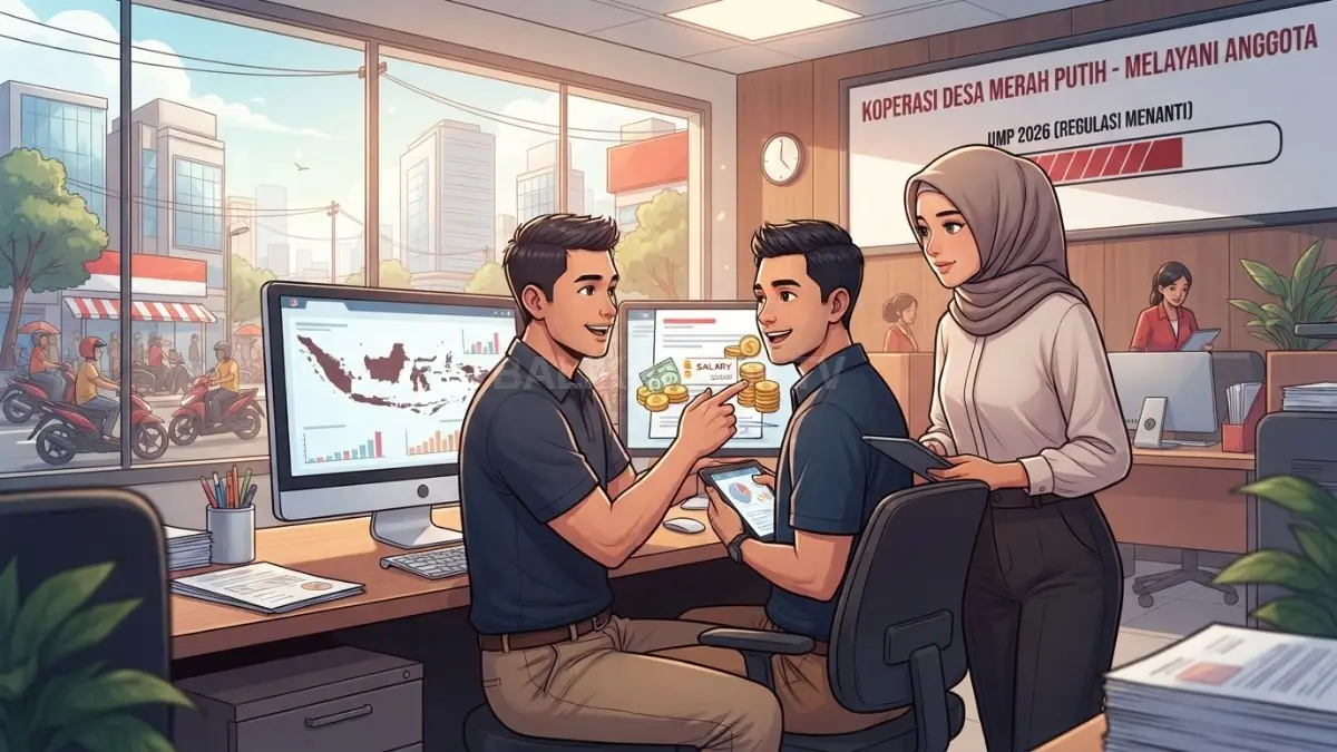 Ilustrasi kegiatan operasional Koperasi Desa/Kelurahan Merah Putih sebagai program pemerintah untuk memperkuat ekonomi desa dengan dukungan manajer profesional di seluruh Indonesia.