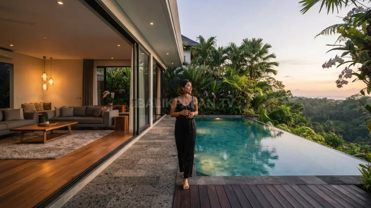 Infinity pool menyatu ruang keluarga menghadirkan hunian tropis mewah dengan suasana sejuk, elegan, dan nyaman sepanjang tahun. (BTV/AI)