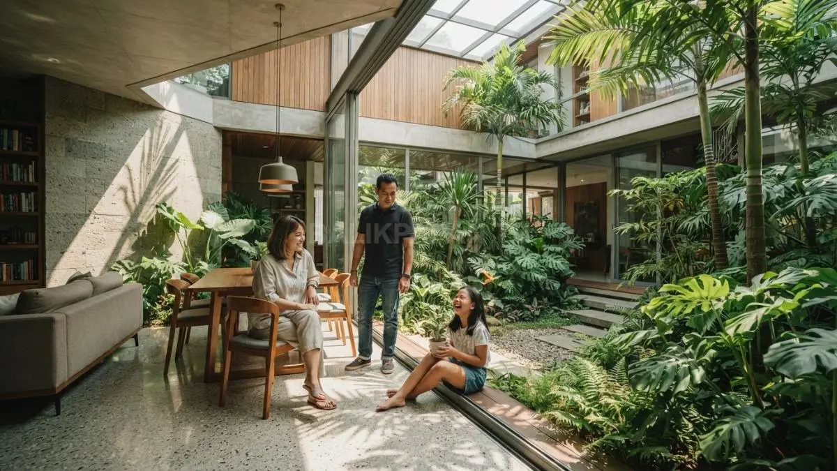 Inner garden pada interlace house menghadirkan taman tropis di sela bangunan dengan cahaya alami yang menenangkan. (BTV/AI)
