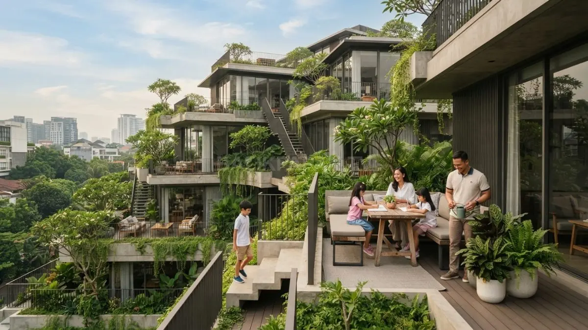 Interlace House bertingkat menghadirkan teras dinamis dengan ruang santai, taman kecil, dan koneksi alami. (BTV/AI)