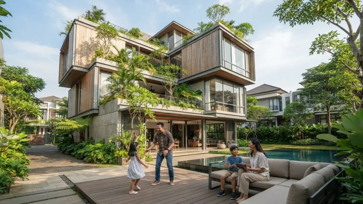 Interlace house menghadirkan hunian modern dengan massa bangunan bertaut yang menyatu bersama cahaya alami. (BTV/AI)