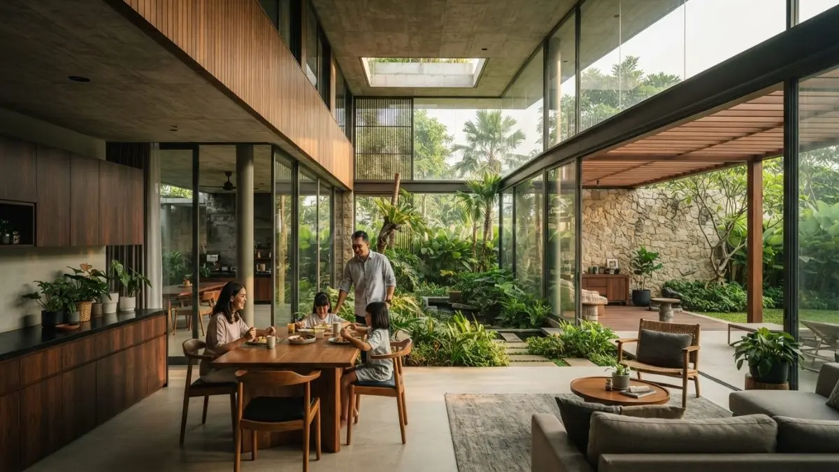Interlace house tropical modern menghadirkan taman tengah, material alami, dan ruang terbuka untuk kenyamanan keluarga. (BTV/AI)