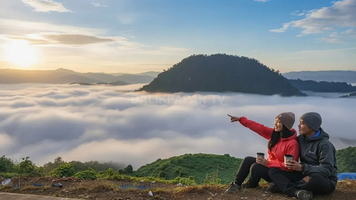 Kabut pagi menyelimuti kawasan Gunung Embun Paser setelah rombongan menikmati suasana matahari terbit. (BTV/AI)