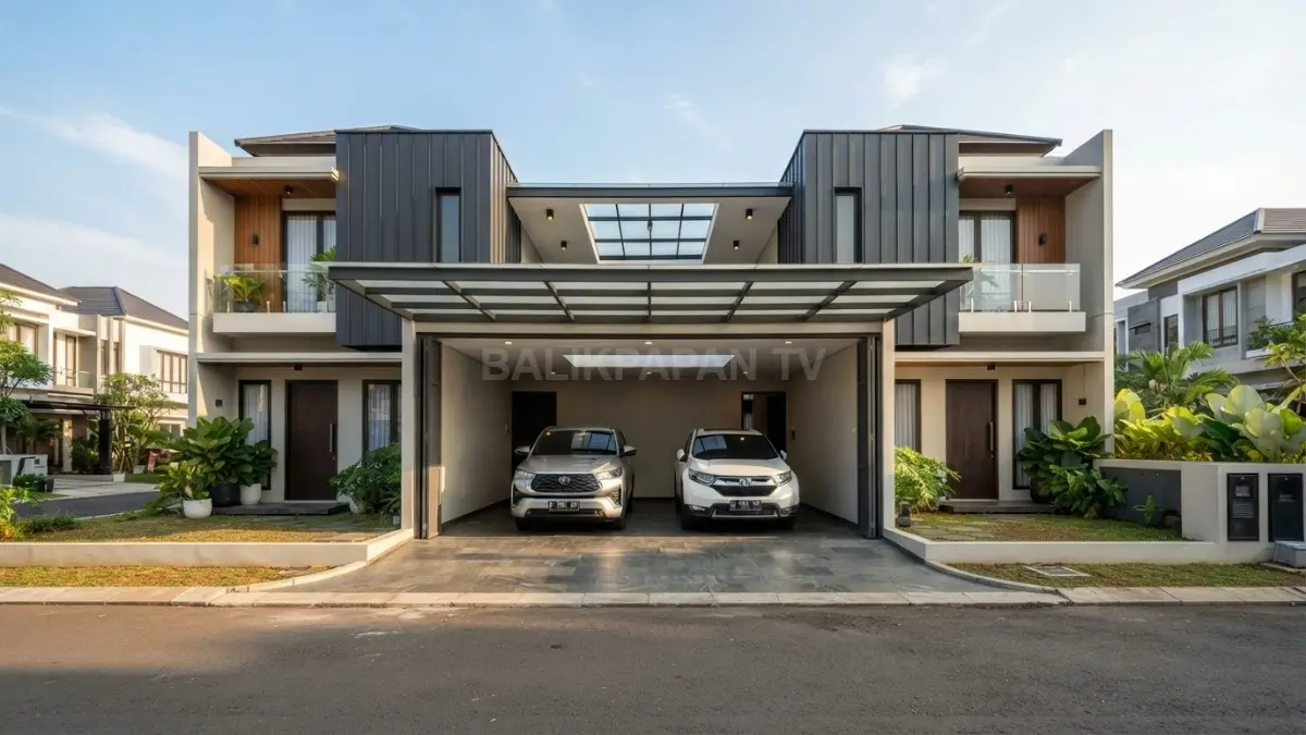 Konsep two house one roof menghadirkan garasi terhubung dengan desain simetris, modern, dan akses nyaman keluarga. (BTV/AI)