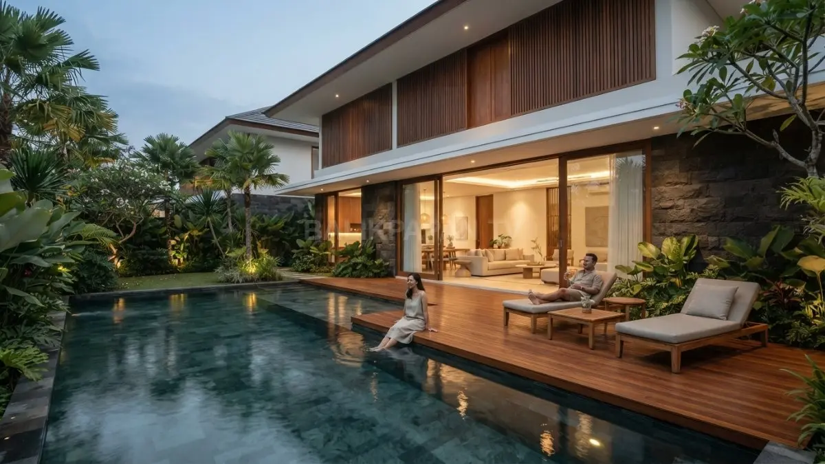 Luxury Tropical House bergaya resort modern memadukan kolam, taman tropis, kayu alami, dan kenyamanan sepanjang tahun. (BTV/AI)