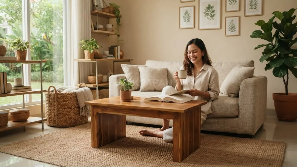 Material alami seperti kayu, rotan, dan linen menciptakan dekorasi rumah hangat dengan suasana nyaman menenangkan. (BTV/AI)