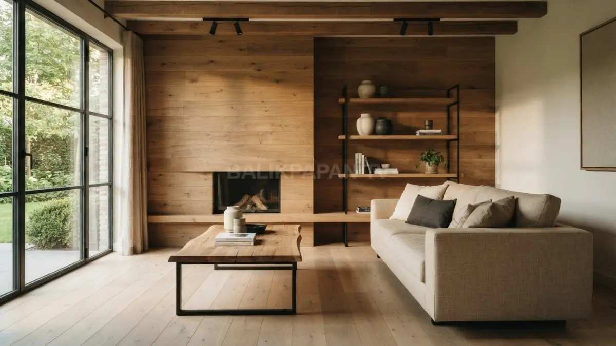 Material kayu alami menghadirkan kehangatan rustic-modern melalui dinding, furnitur, dan sentuhan desain minimalis elegan. (BTV/AI)