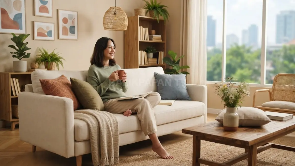 Palet warna hangat pada interior rumah menciptakan suasana cozy, tenang, nyaman, dan penuh karakter alami. (BTV/AI)