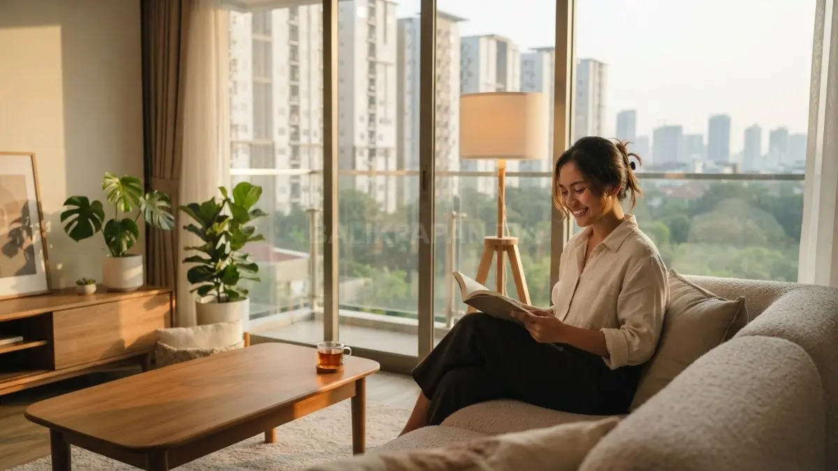 Pencahayaan alami dan lampu hangat menciptakan suasana cozy melalui interior nyaman serta menenangkan penghuni rumah. (BTV/AI)