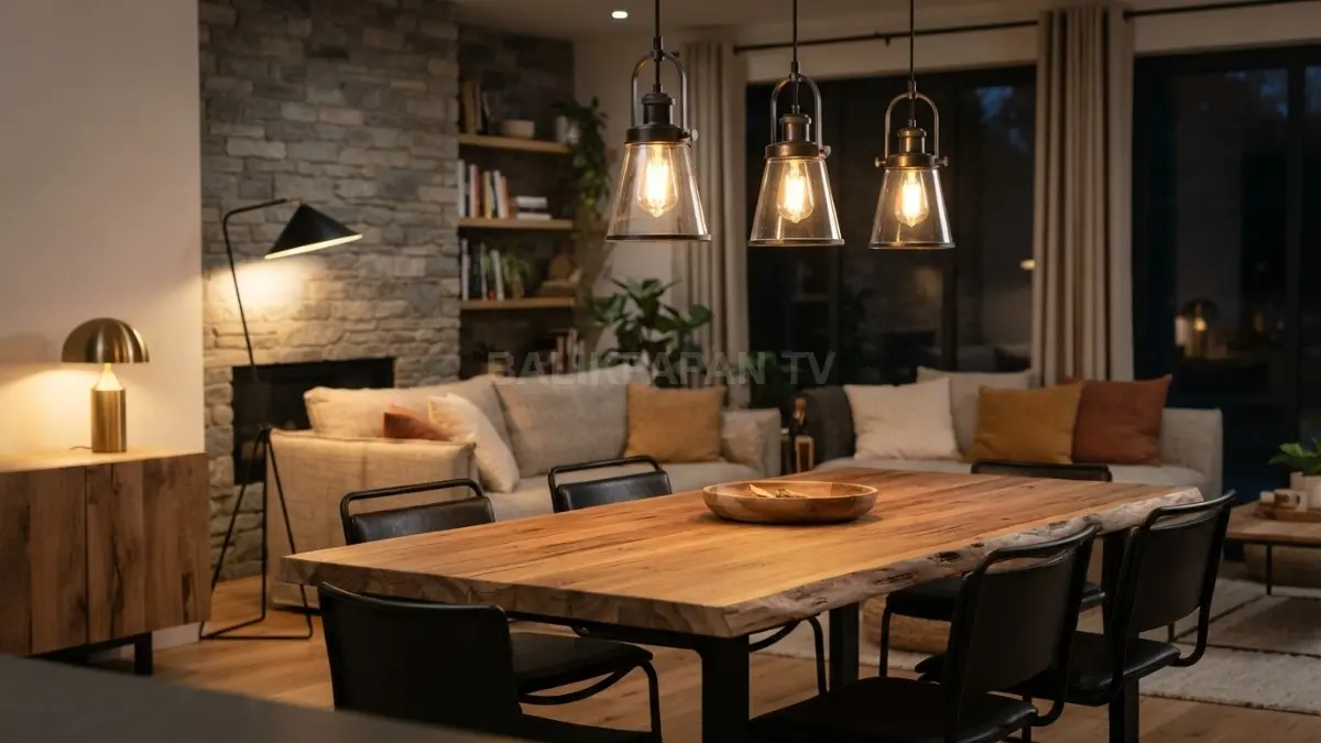 Pencahayaan hangat bergaya industrial memperkuat interior rustic-modern melalui lampu logam, kayu, dan suasana nyaman. (BTV/AI)