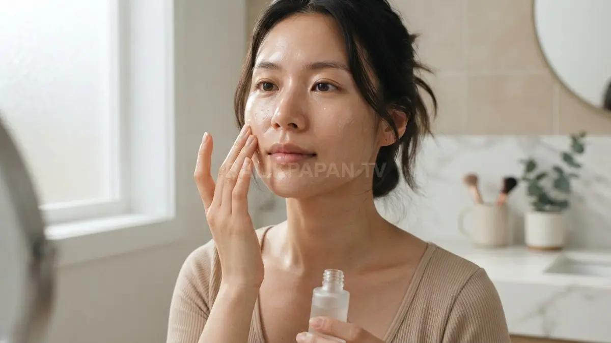 Pengaplikasian serum wajah secara merata membantu menjaga kelembapan serta kilau alami kulit seharian. (BTV/Ai)