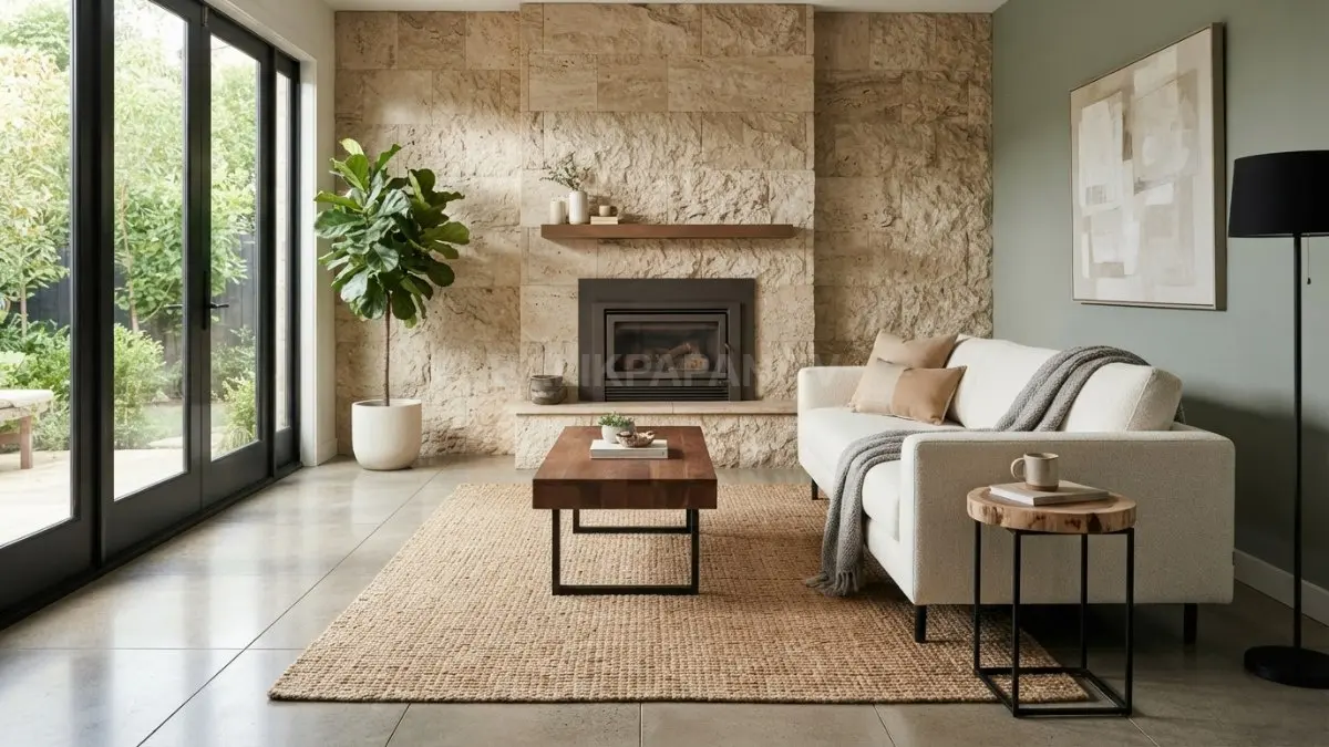 Perpaduan batu alam dan furnitur sederhana menciptakan interior rustic-modern elegan dengan suasana hangat serta lapang. (BTV/AI)