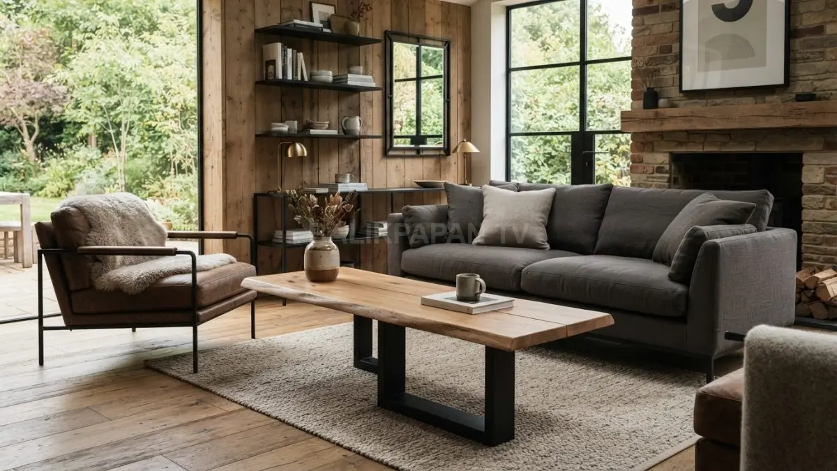 Perpaduan kayu rustic dan logam hitam menciptakan interior modern elegan dengan karakter hangat alami. (BTV/AI)