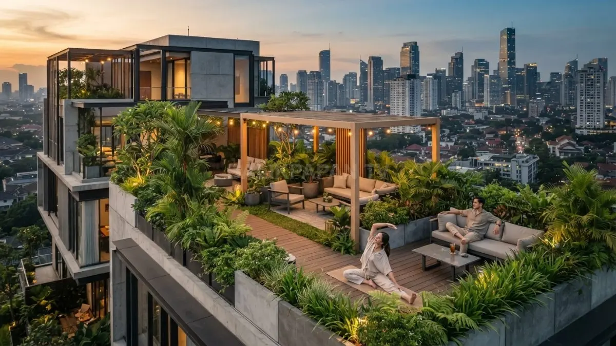 Rooftop garden pada interlace house menghadirkan ruang multifungsi hijau dengan konsep modern berkelanjutan nyaman. (BTV/AI)