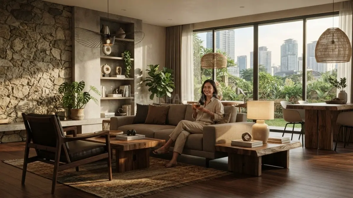 Rustic-modern interior memadukan material alami dan furnitur stylish untuk menciptakan hunian elegan nyaman. (BTV/AI)