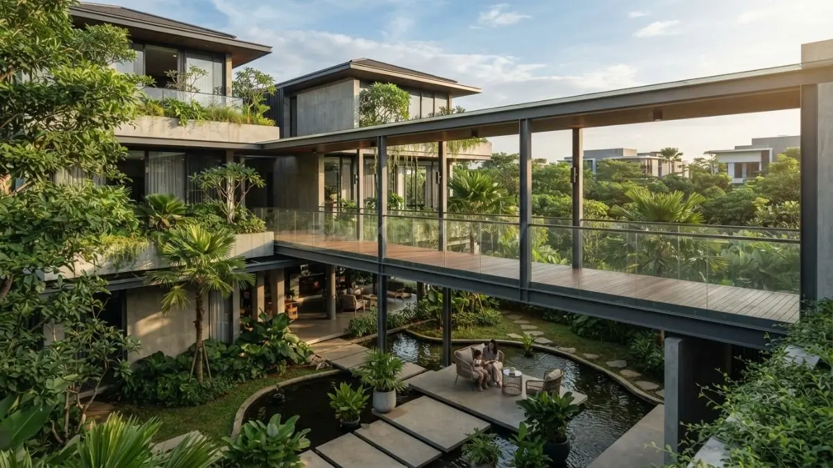 Sky bridge pada interlace house menghubungkan bangunan modern dengan taman terbuka, cahaya alami, dan ruang keluarga. (BTV/AI)