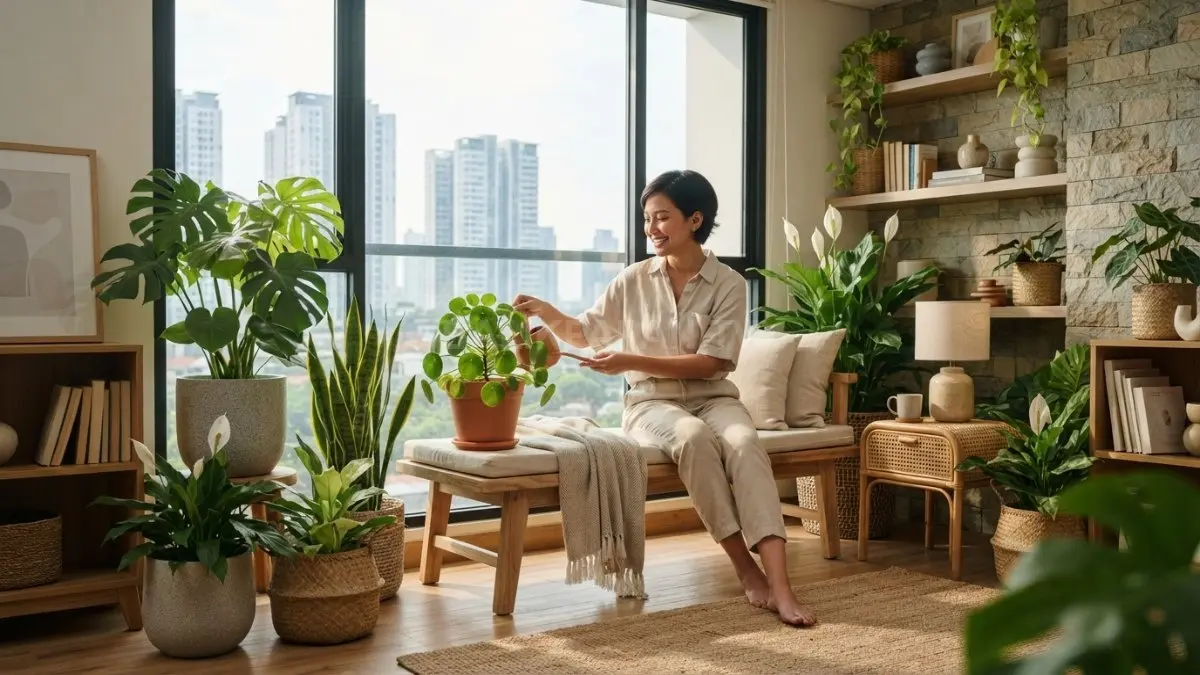 Tanaman indoor dan material alami memperkuat karakter rumah modern melalui suasana hijau yang harmonis. (BTV/AI)