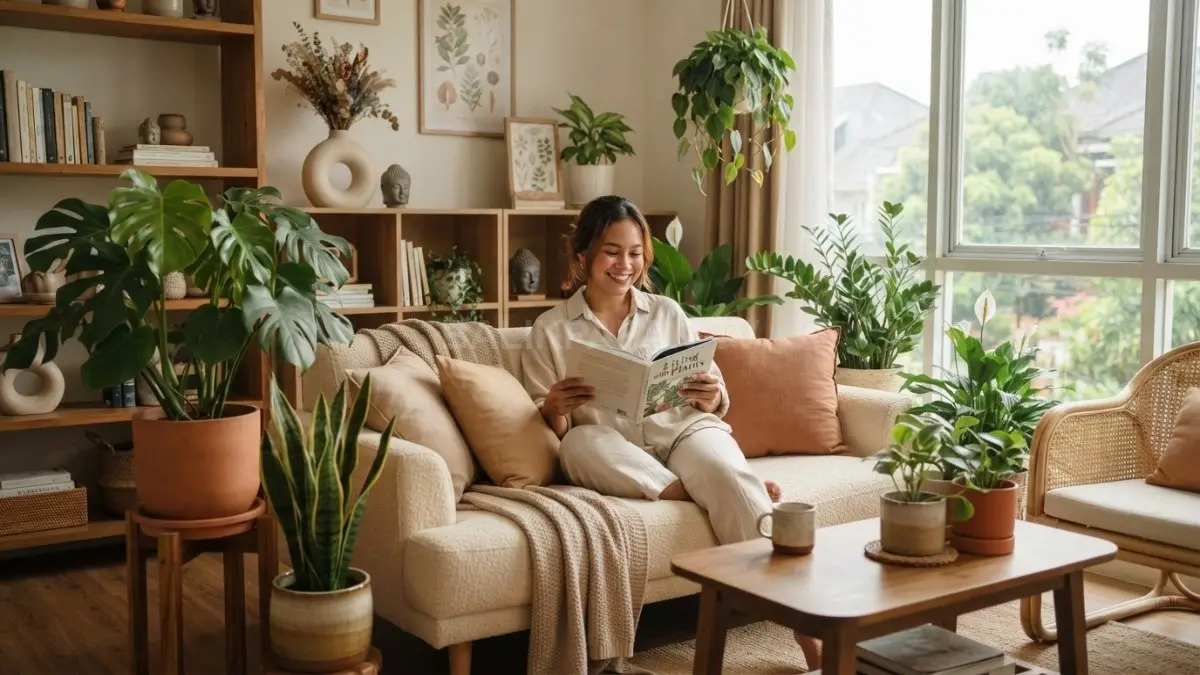 Tanaman indoor menghadirkan nuansa alami dalam rumah cozy melalui dekorasi hijau yang segar dan menenangkan. (BTV/AI)