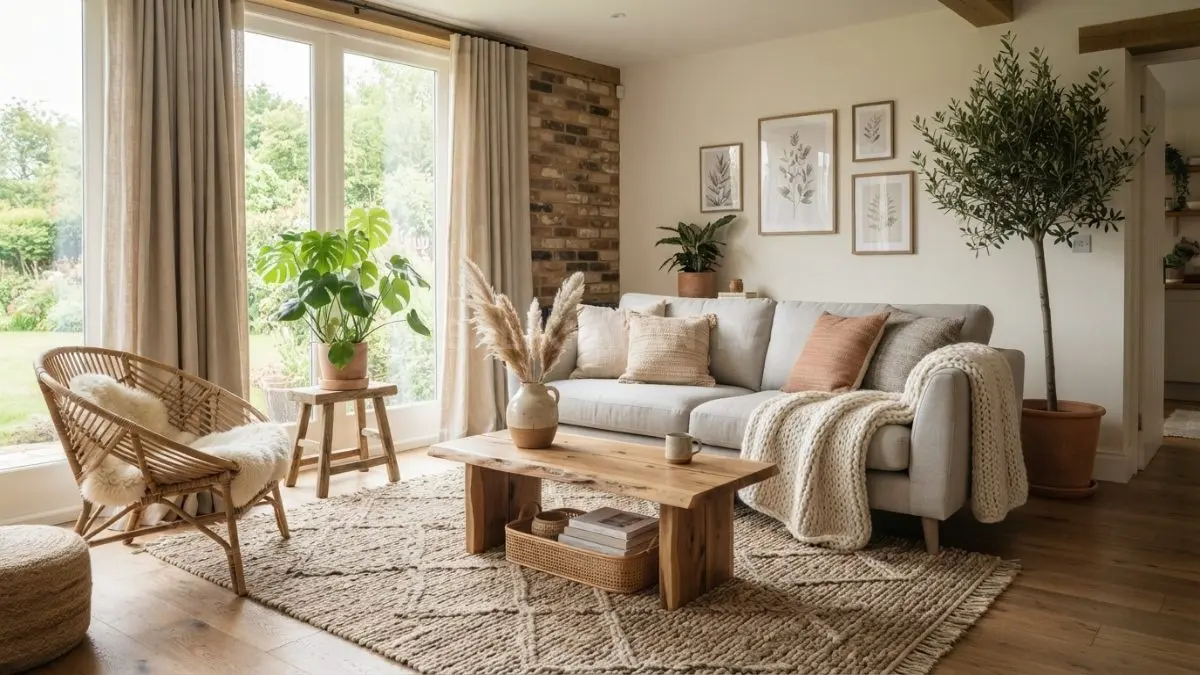 Tekstil alami dan dekorasi rustic-modern menciptakan ruang hangat melalui linen, rotan, tanaman, serta aksesori elegan. (BTV/AI)