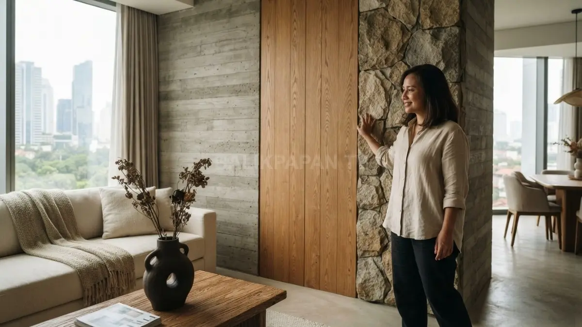 Tekstur alami pada interior menghadirkan karakter ruang melalui kayu, batu, linen, dan material dekoratif modern. (BTV/AI)
