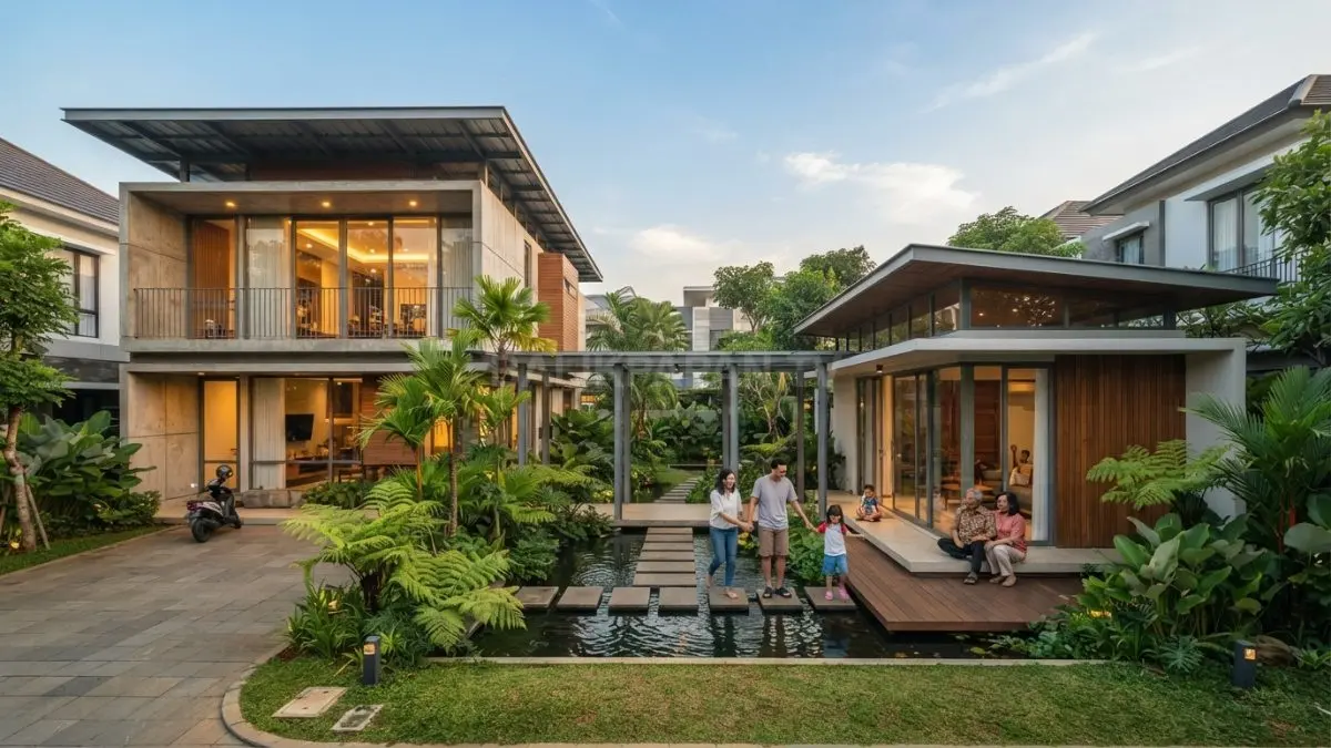 Two house one roof dengan paviliun terpisah memberikan privasi keluarga melalui hunian modern dan ruang terbuka. (BTV/AI)