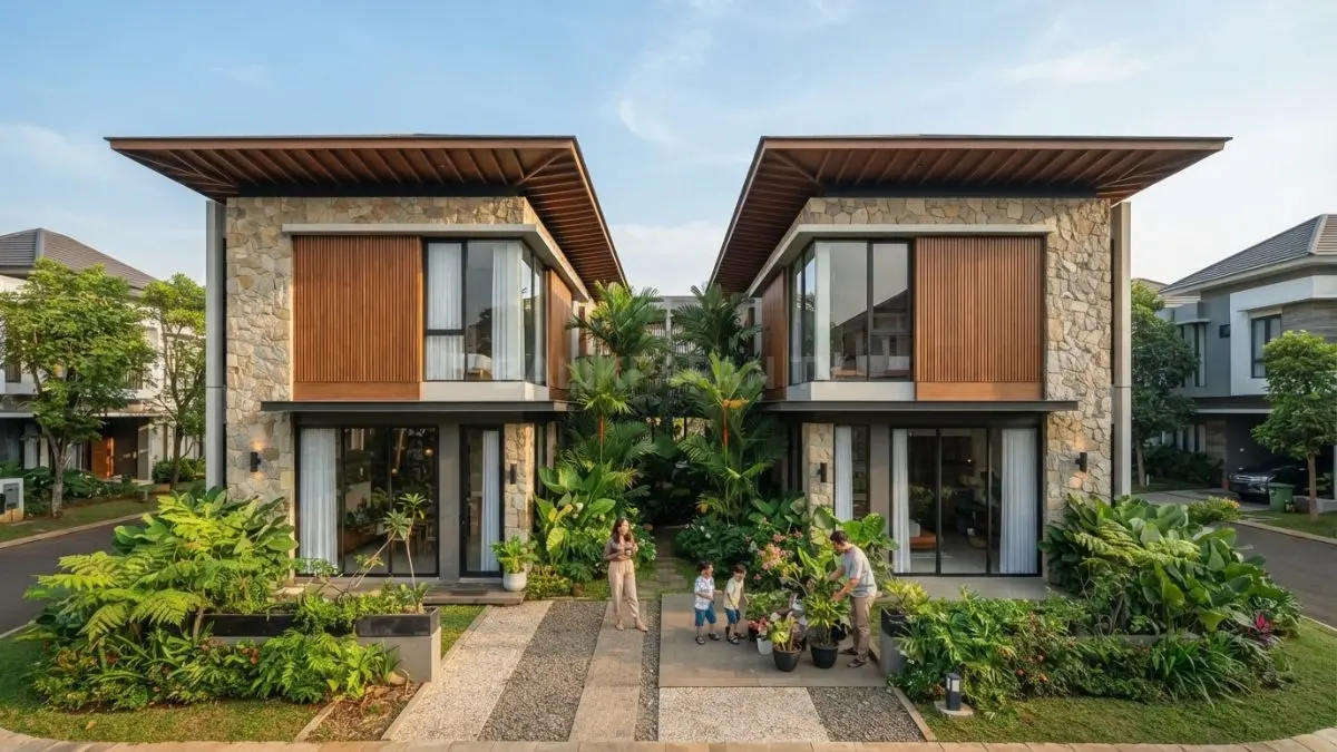 Two house one roof tropical modern memadukan rumah kembar, taman terbuka, dan desain hemat energi nyaman. (BTV/AI)