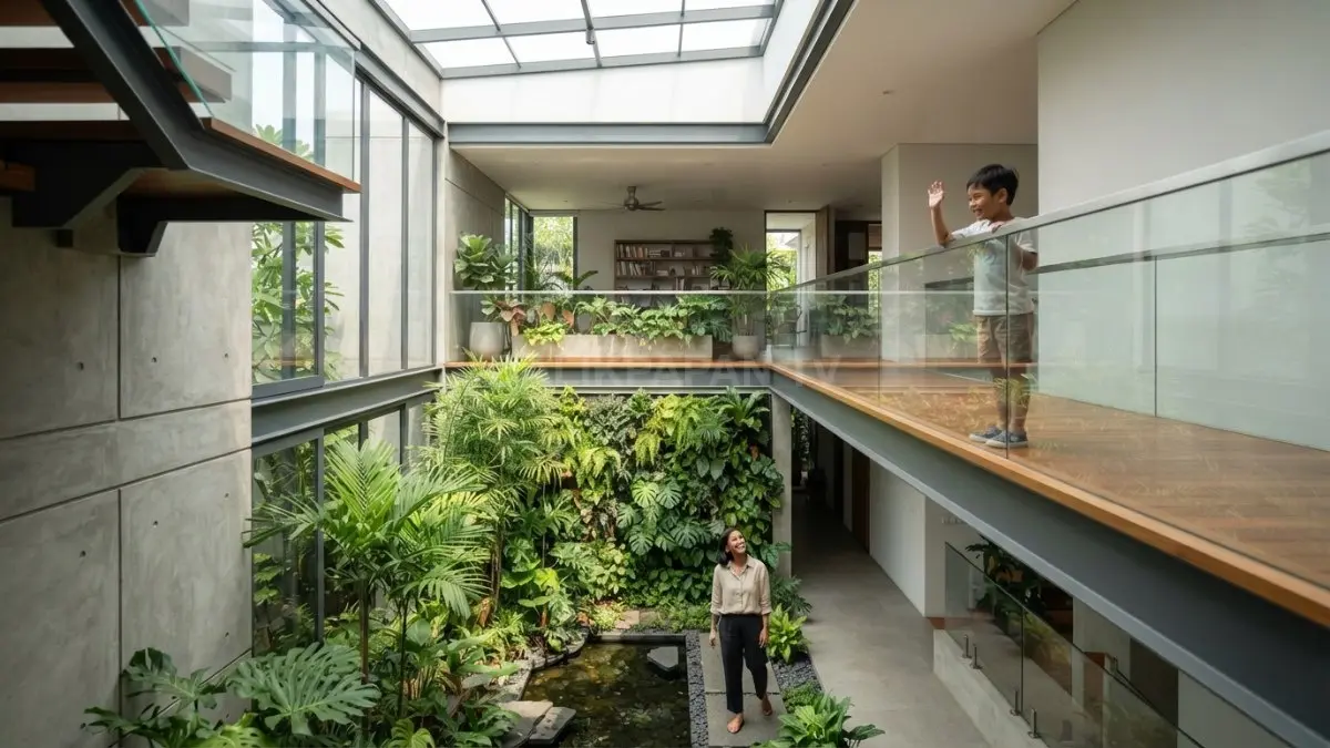 Void vertikal pada interlace house menghadirkan cahaya alami, sirkulasi udara, taman indoor, dan koneksi keluarga. (BTV/AI)