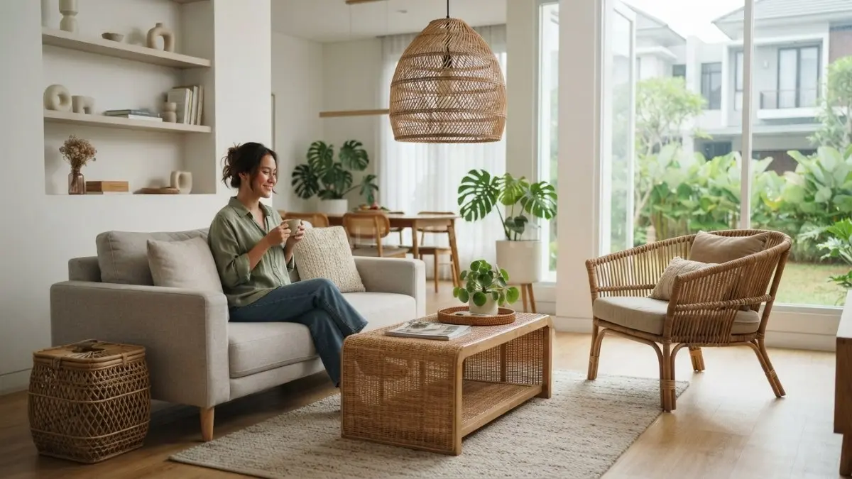 Anyaman rotan lokal menghadirkan sentuhan alami, hangat, dan estetis sebagai dekorasi interior rumah modern. (BTV/AI)