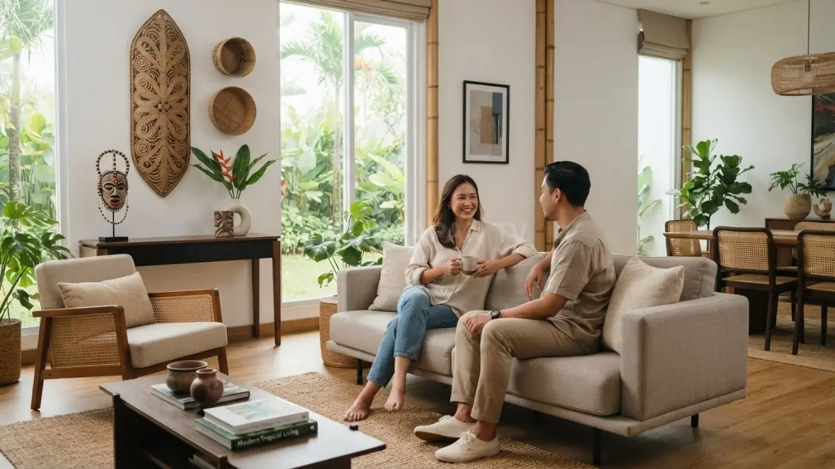 Interior modern berpadu dekorasi khas Kalimantan, menghadirkan ruang estetis, harmonis, dan berkelanjutan dengan sentuhan budaya lokal. (BTV/AI)