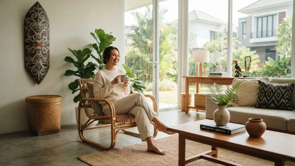 Interior modern berpadu ornamen khas Kalimantan, menghadirkan ruang harmonis, estetis, dan berkelanjutan untuk keluarga. (BTV/AI)