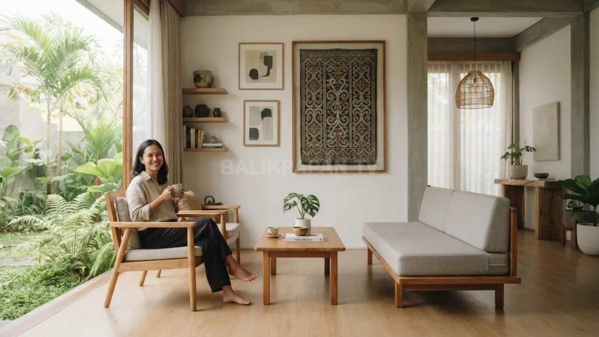 Motif Dayak berpadu gaya Japandi menghadirkan nuansa etnik, alami, hangat, dan tetap minimalis (BTV/AI)

