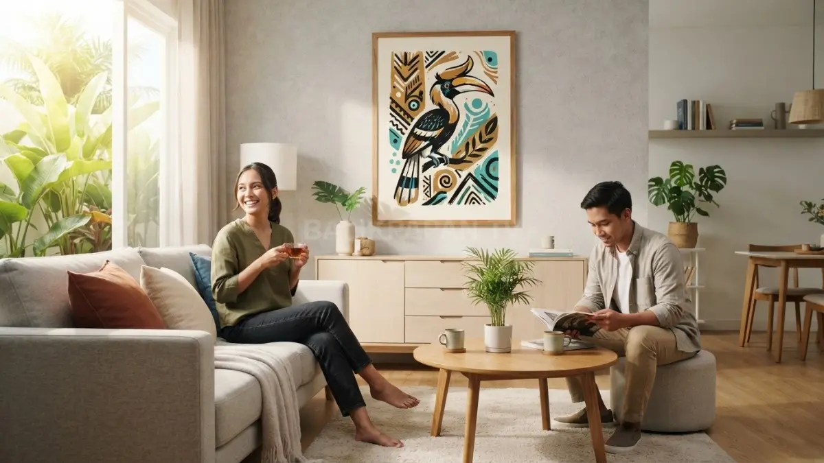 Wall art budaya Kalimantan dengan motif Dayak dan burung enggang memperkuat karakter ruang keluarga minimalis (BTV/AI)
