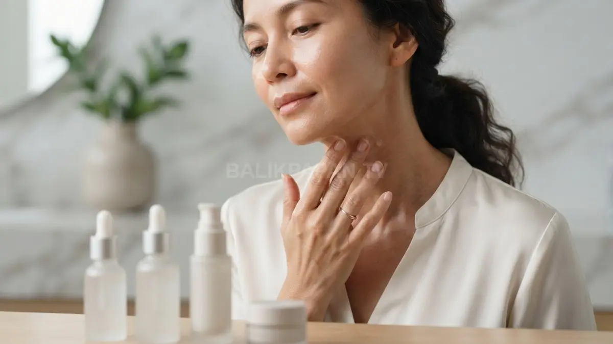 Aplikasi bahan aktif skincare secara bertahap pada leher membantu menjaga kesehatan dan toleransi kulit. (BTV/Ai)