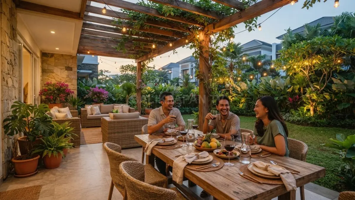 Backyard bergaya Mediterranean menghadirkan area makan outdoor dengan pergola, furnitur natural, dan pencahayaan hangat. (BTV/AI)