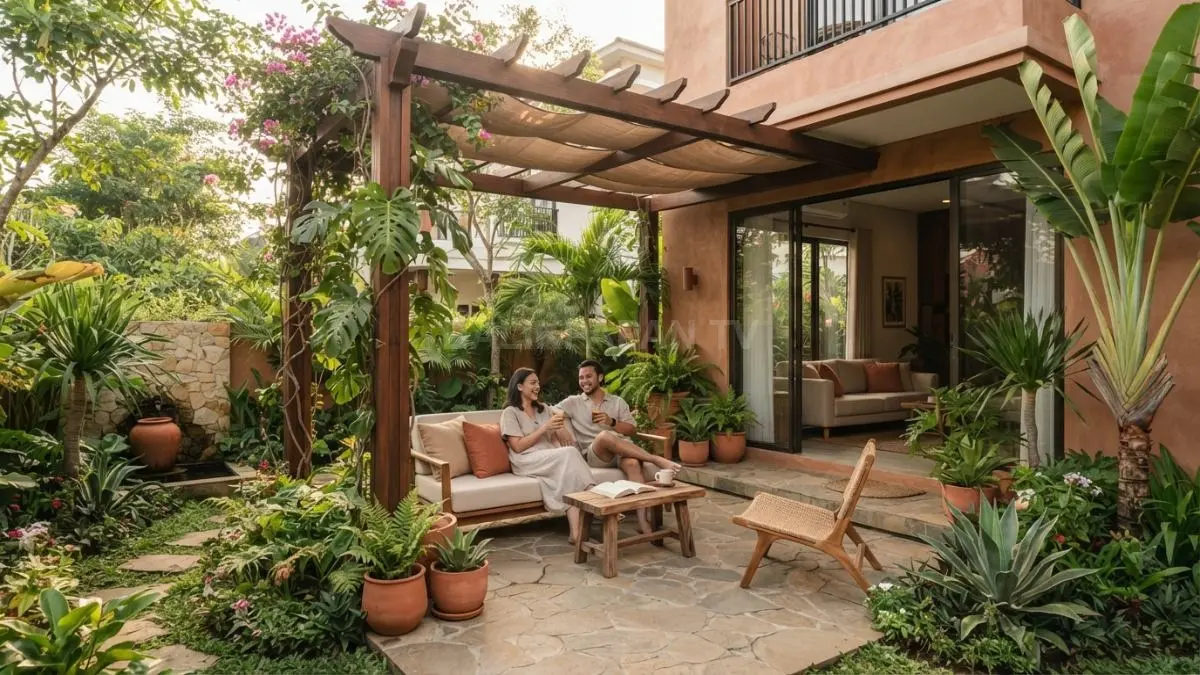 Backyard bergaya Mediterranean menghadirkan ruang santai teduh dengan pergola, sofa natural, tanaman, dan pencahayaan hangat. (BTV/AI)