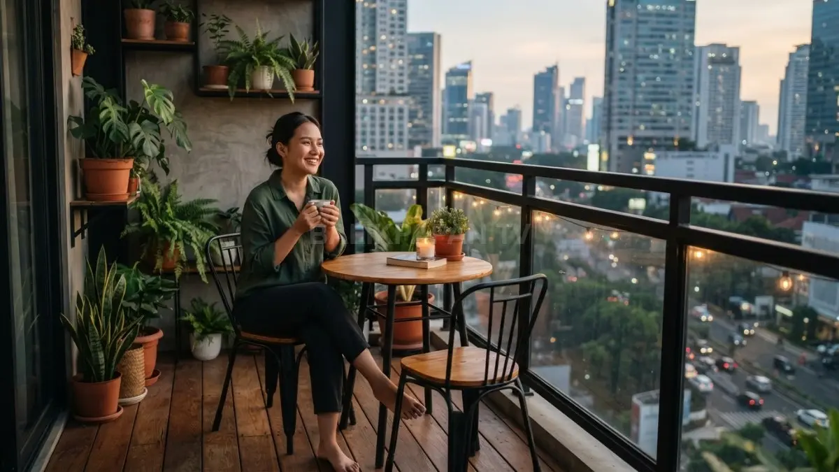 Balkon industrial memadukan kayu, besi hitam, furniture minimalis, dan tanaman hijau untuk menciptakan suasana modern hangat (BTV/AI)