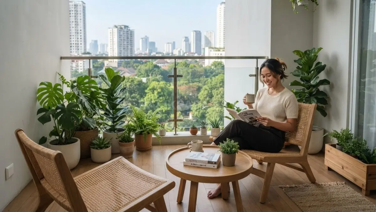 Balkon Japandi bernuansa natural dengan warna lembut, furniture sederhana, tanaman hijau, dan suasana nyaman untuk bersantai (BTV/AI)