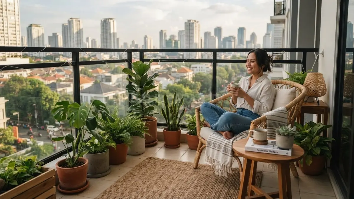 Balkon minimalis dengan kursi rotan, meja kecil, dan tanaman hijau menciptakan suasana natural, hangat, nyaman, dan estetik (BTV/AI)