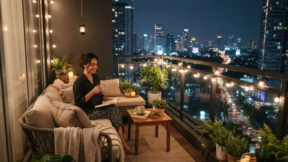 Balkon minimalis dengan lampu warm white menciptakan suasana cozy untuk bersantai malam, tetap estetik dan nyaman (BTV/AI)